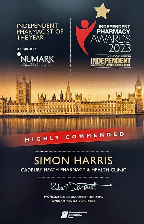 Independent Pharmacy Awards 2023 certificate - Simon Harris, Highly Commended for Independent Pharmacist of the Year