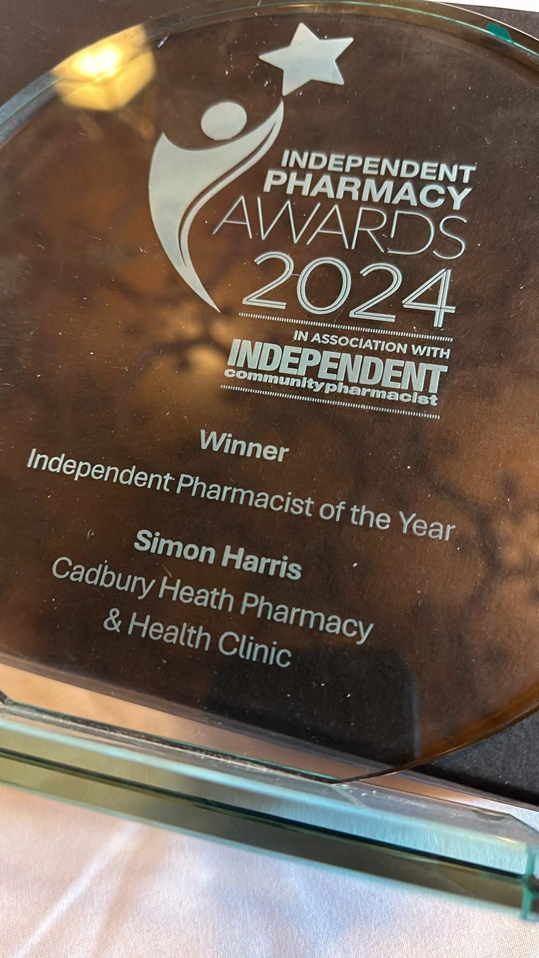 Independent Pharmacist of the Year 2024 trophy - Simon Harris