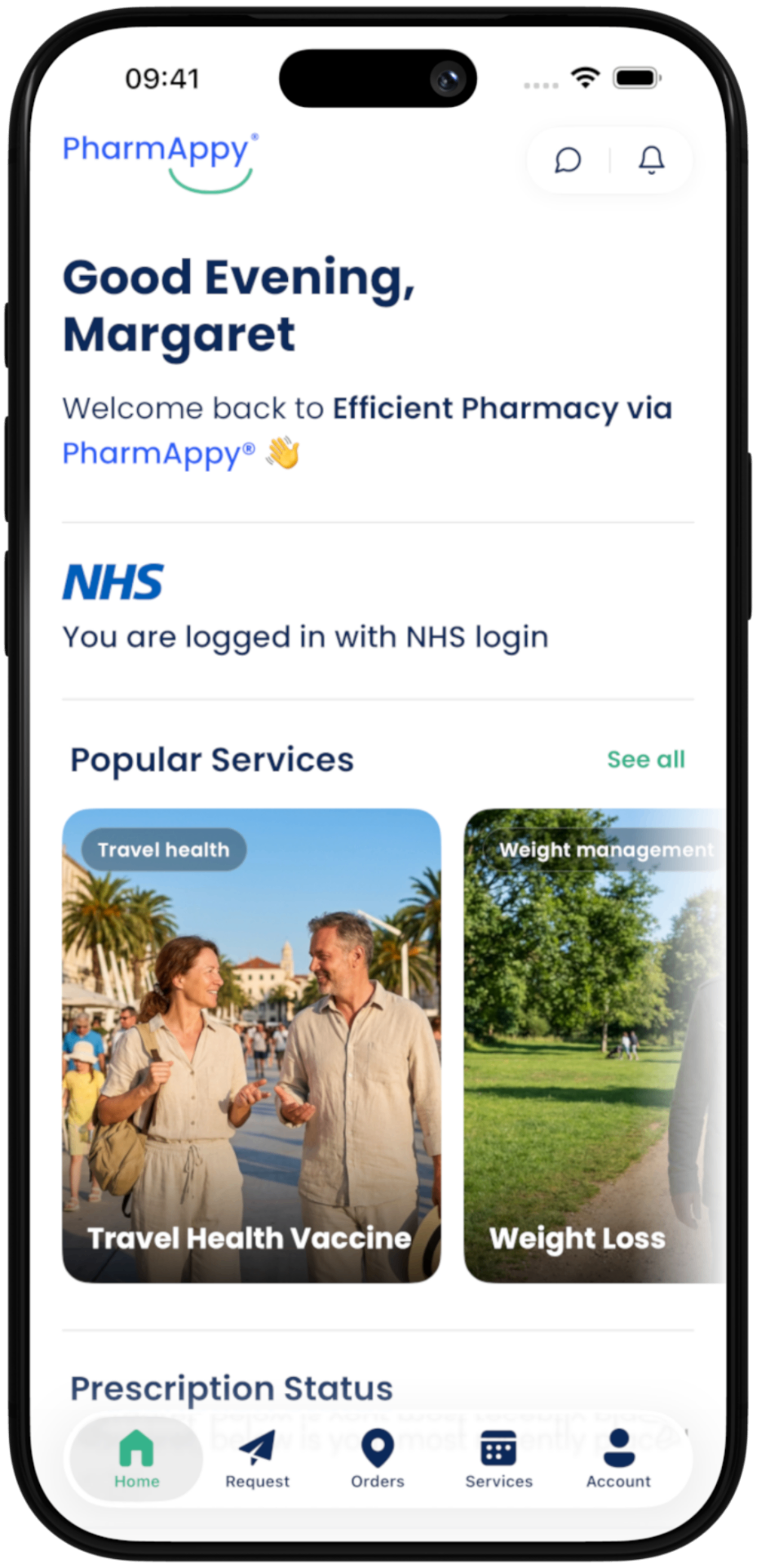 PharmAppy app showing prescription status on a smartphone