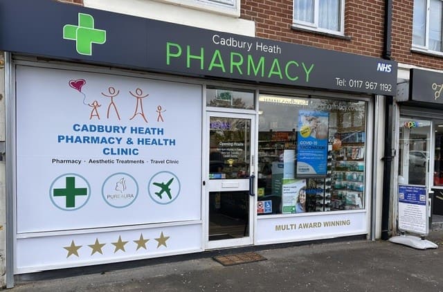 The Cadbury Heath Pharmacy & Health Clinic storefront on School Road