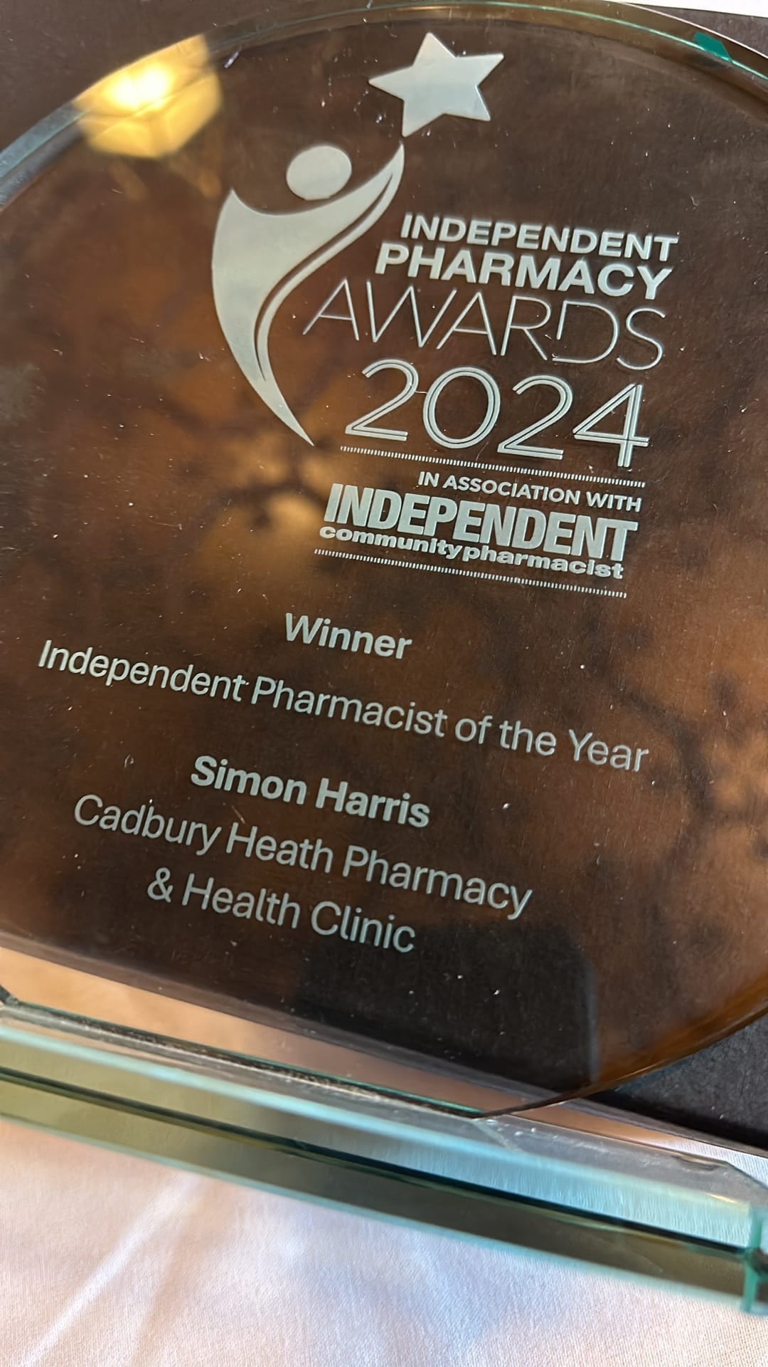 Independent Pharmacist of the Year 2024 trophy - Simon Harris